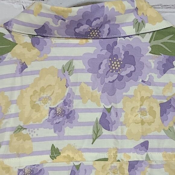 LuLaRoe Amy Oversized Lilac Floral Striped Dolman Short Sleeve Button Down Shirt - Picture 9 of 11